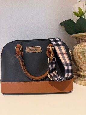 Designer inspired Black and Tan Dome Satchel with Plaid Strap